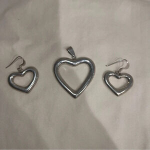 Sterling Silver Heart Pendant & Matching Heart Earrings Set Marked 925 Signed MO